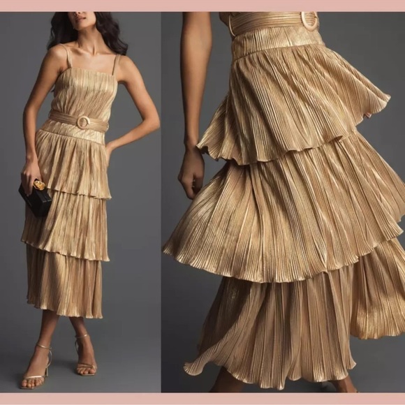 Mac Duggal - NWT - 27062 Ruffle Tiered Buckle Detail Dress - Gold Metallic $398 - Picture 3 of 10